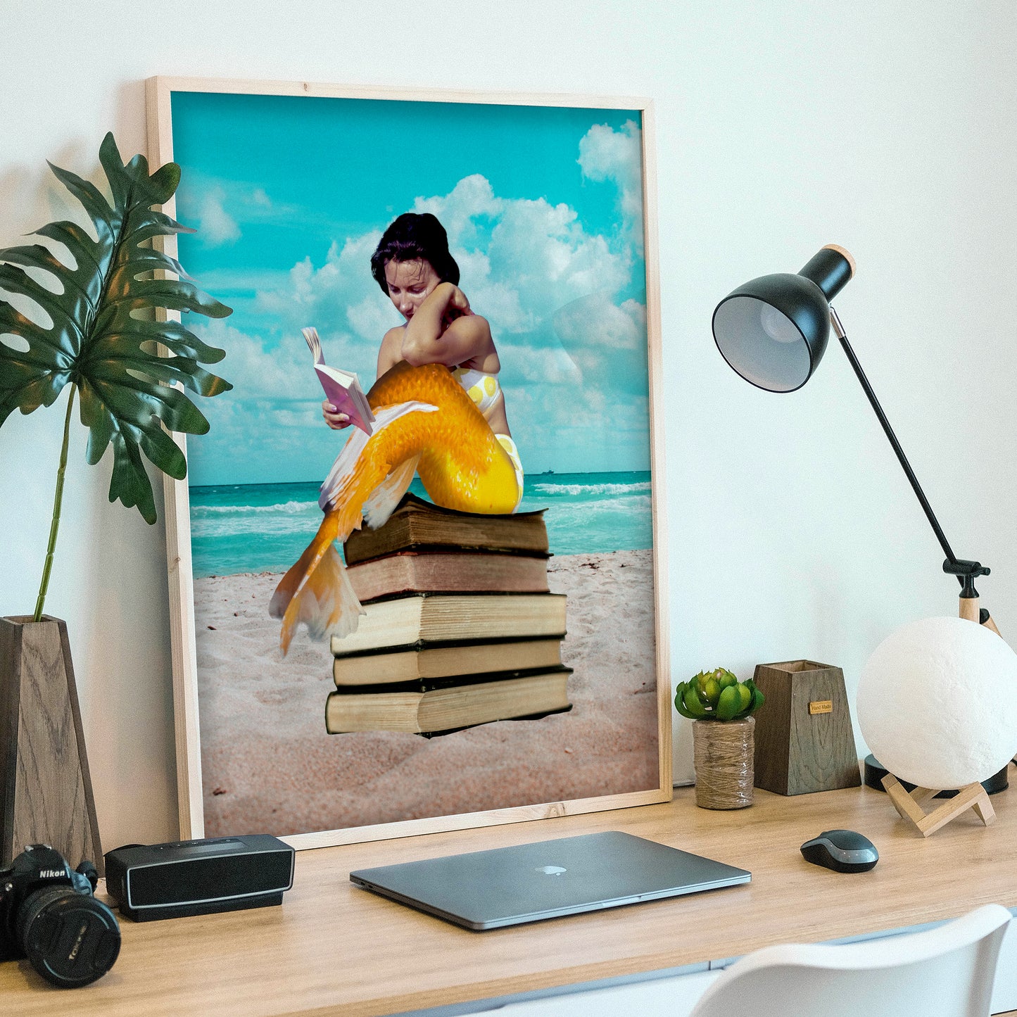Mermaid on Beach with Books | Fantasy and Book Lover Gift Surreal | Collage Art Print: Oceans Of Knowledge