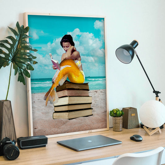Mermaid on Beach with Books | Fantasy and Book Lover Gift Surreal | Collage Art Print: Oceans Of Knowledge