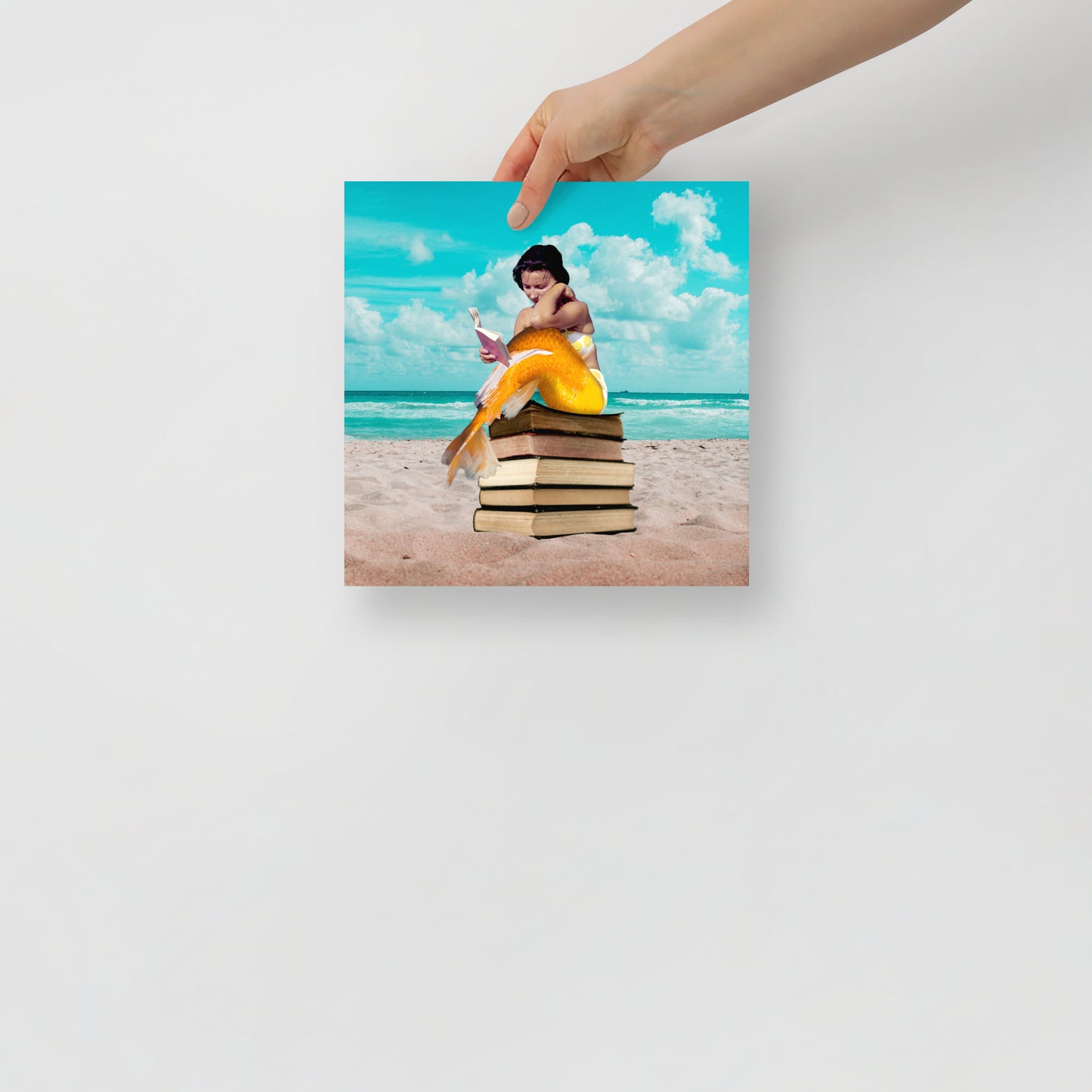 Mermaid on Beach with Books | Fantasy and Book Lover Gift Surreal | Collage Art Print: Oceans Of Knowledge