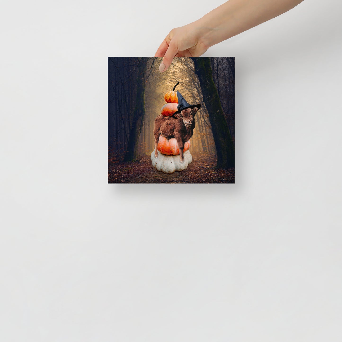 Magical Spooky Cow Print: Halloween Art with Pumpkins and Witches Hat