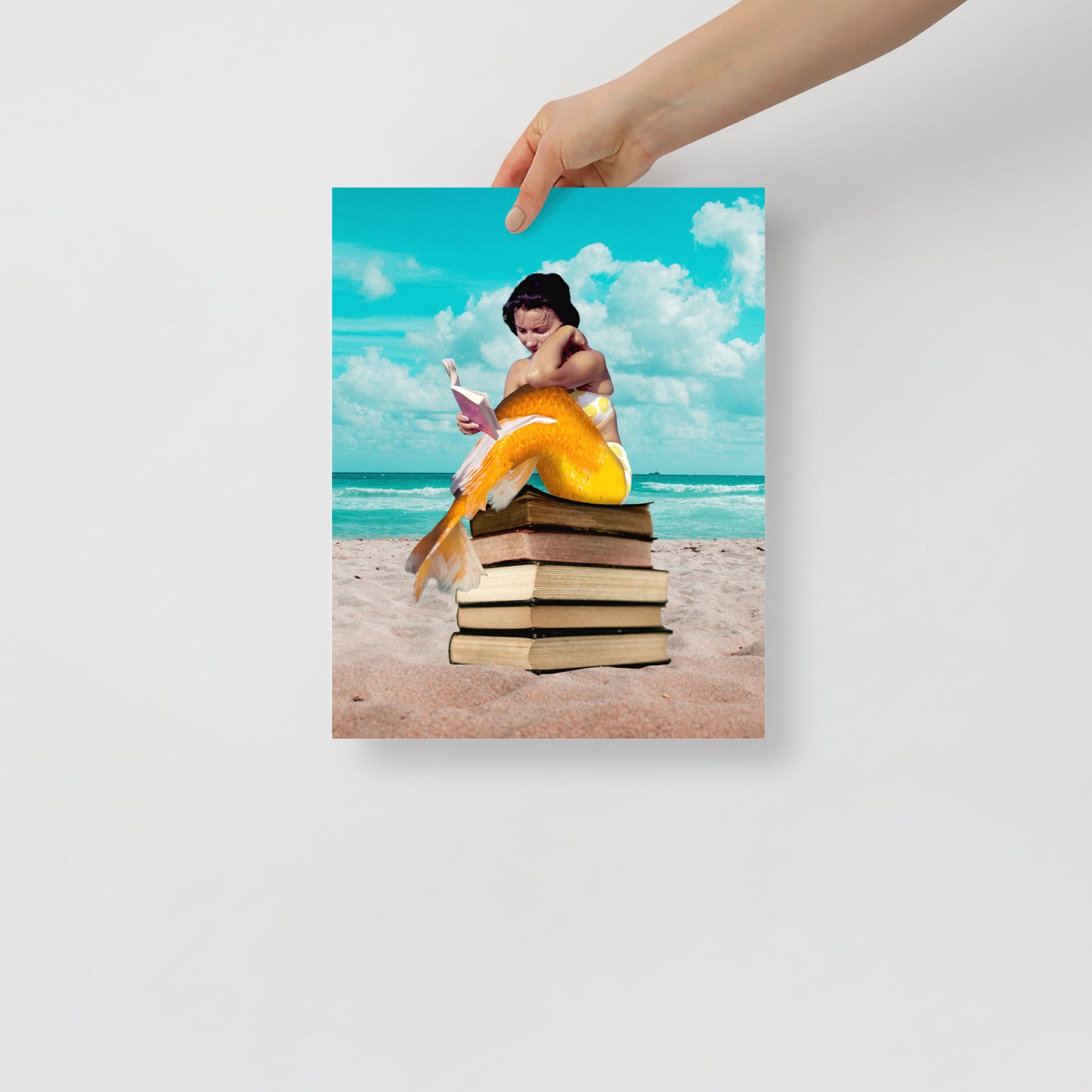 Mermaid on Beach with Books | Fantasy and Book Lover Gift Surreal | Collage Art Print: Oceans Of Knowledge