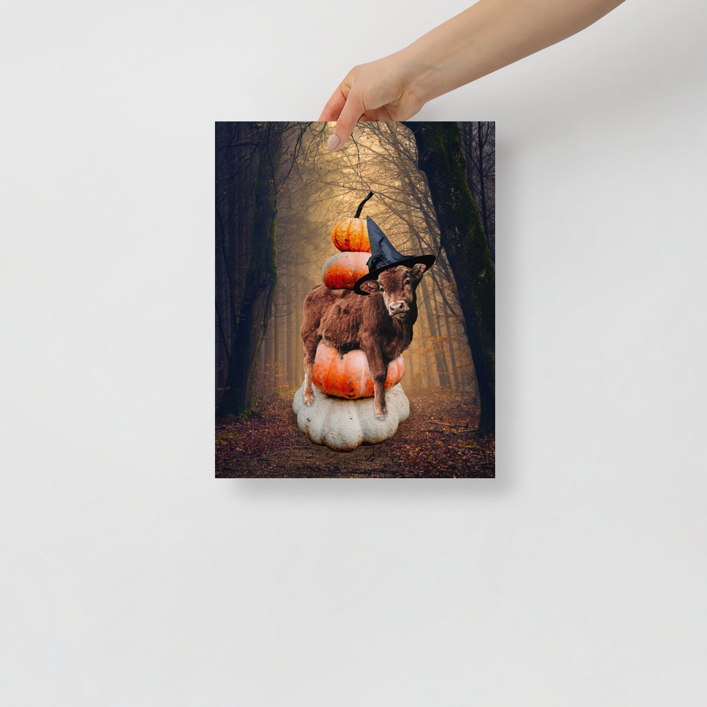 Magical Spooky Cow Print: Halloween Art with Pumpkins and Witches Hat