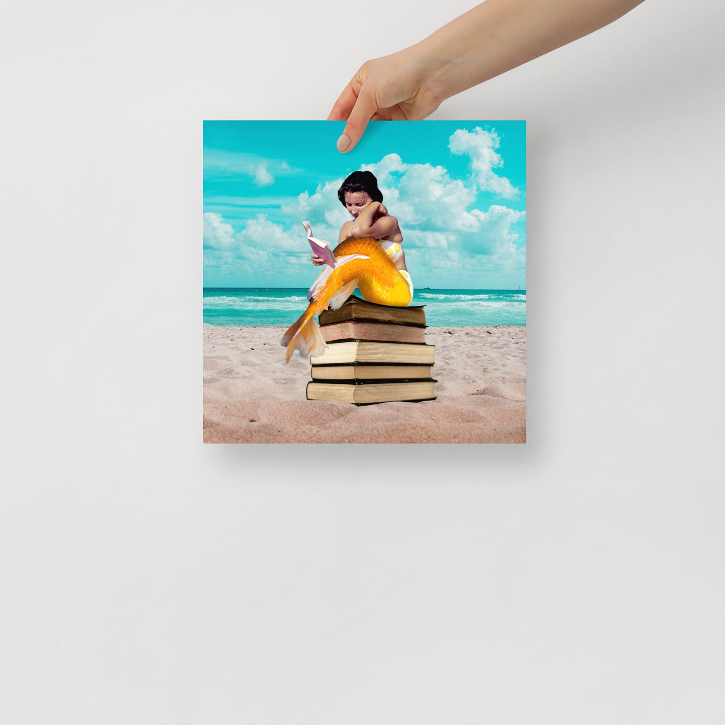 Mermaid on Beach with Books | Fantasy and Book Lover Gift Surreal | Collage Art Print: Oceans Of Knowledge