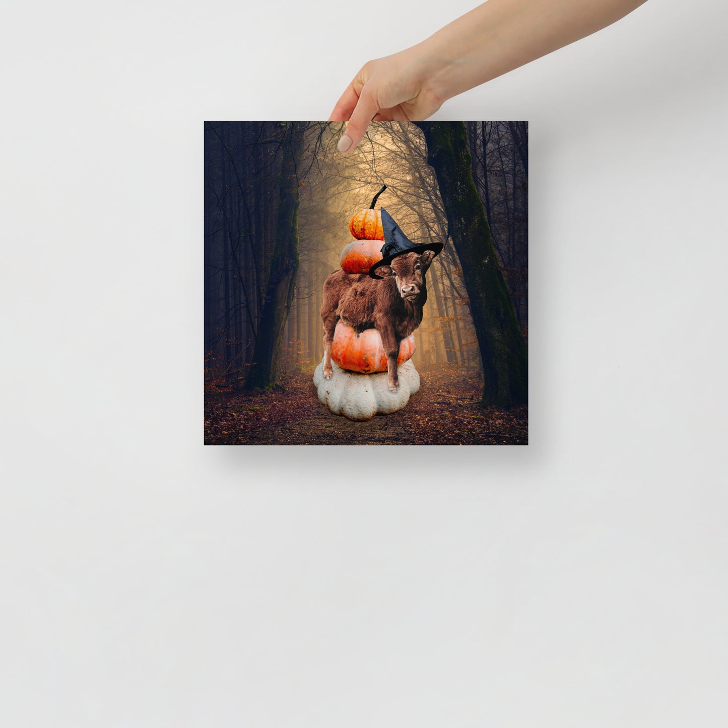 Magical Spooky Cow Print: Halloween Art with Pumpkins and Witches Hat