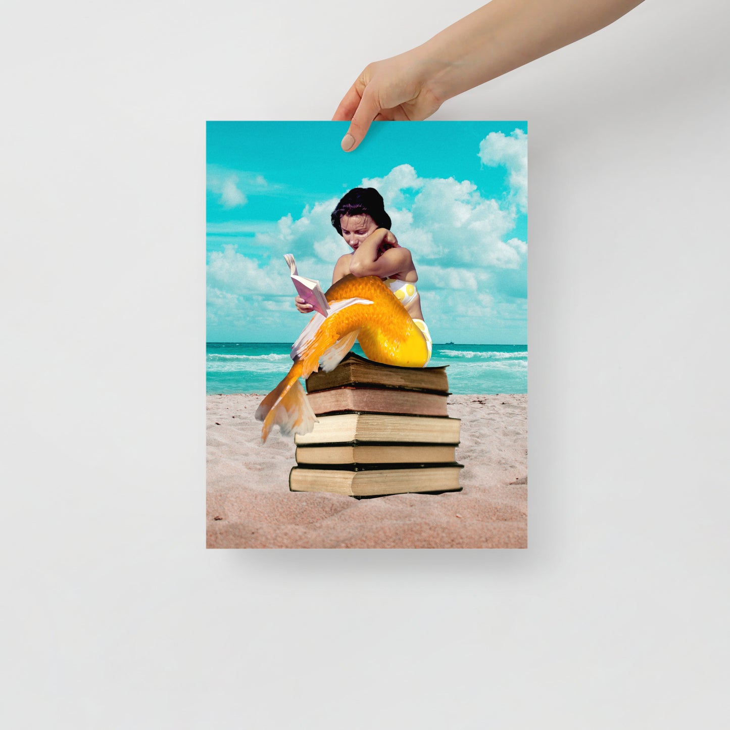 Mermaid on Beach with Books | Fantasy and Book Lover Gift Surreal | Collage Art Print: Oceans Of Knowledge