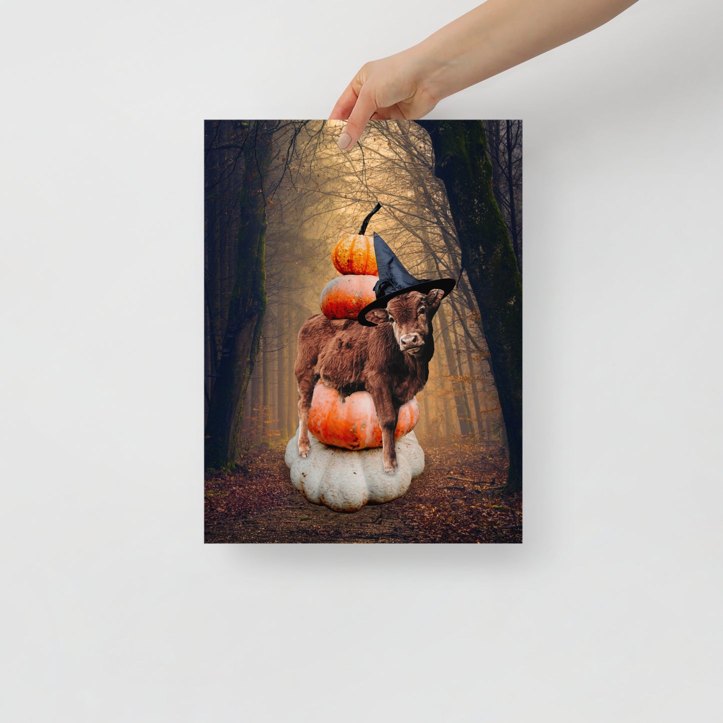 Magical Spooky Cow Print: Halloween Art with Pumpkins and Witches Hat