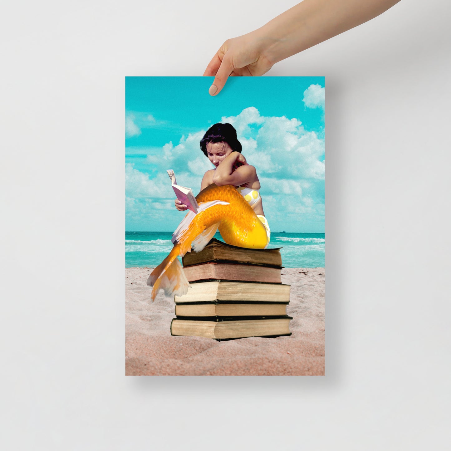 Mermaid on Beach with Books | Fantasy and Book Lover Gift Surreal | Collage Art Print: Oceans Of Knowledge