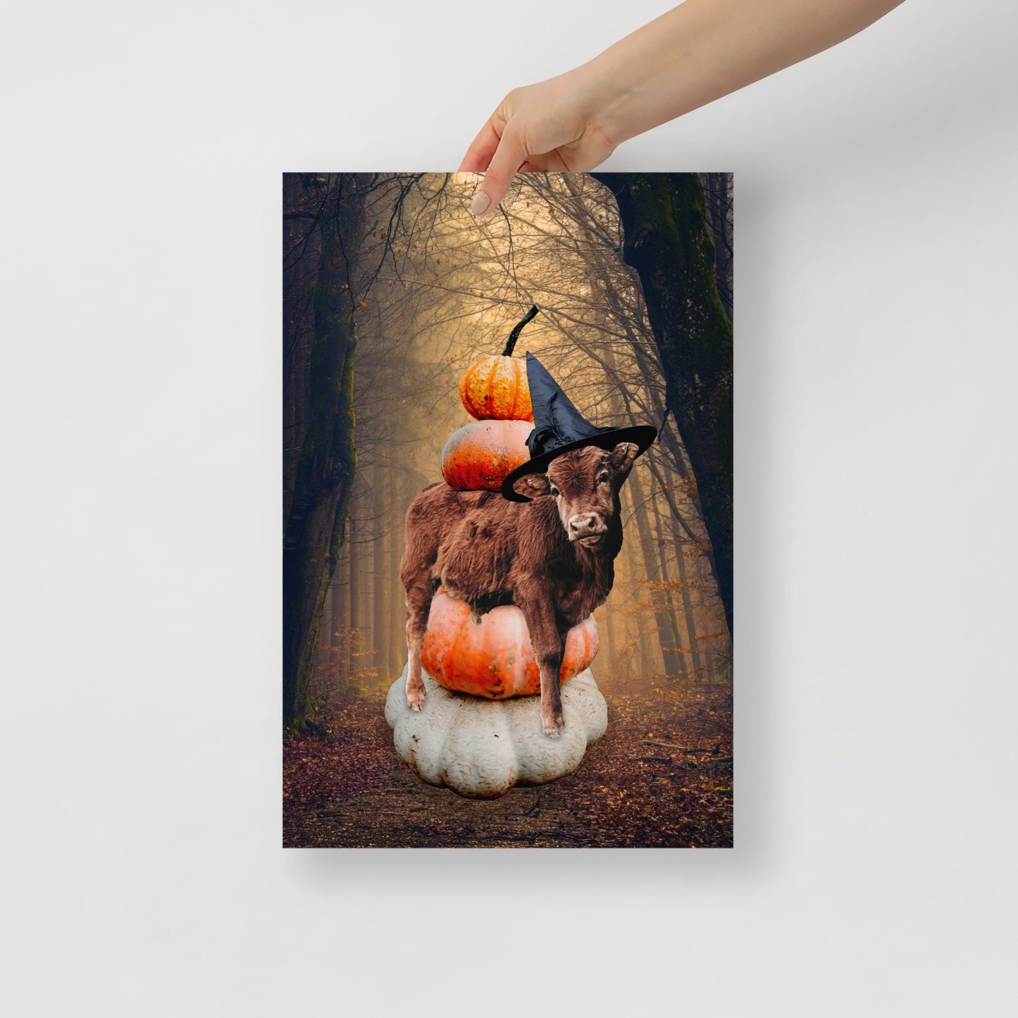 Magical Spooky Cow Print: Halloween Art with Pumpkins and Witches Hat
