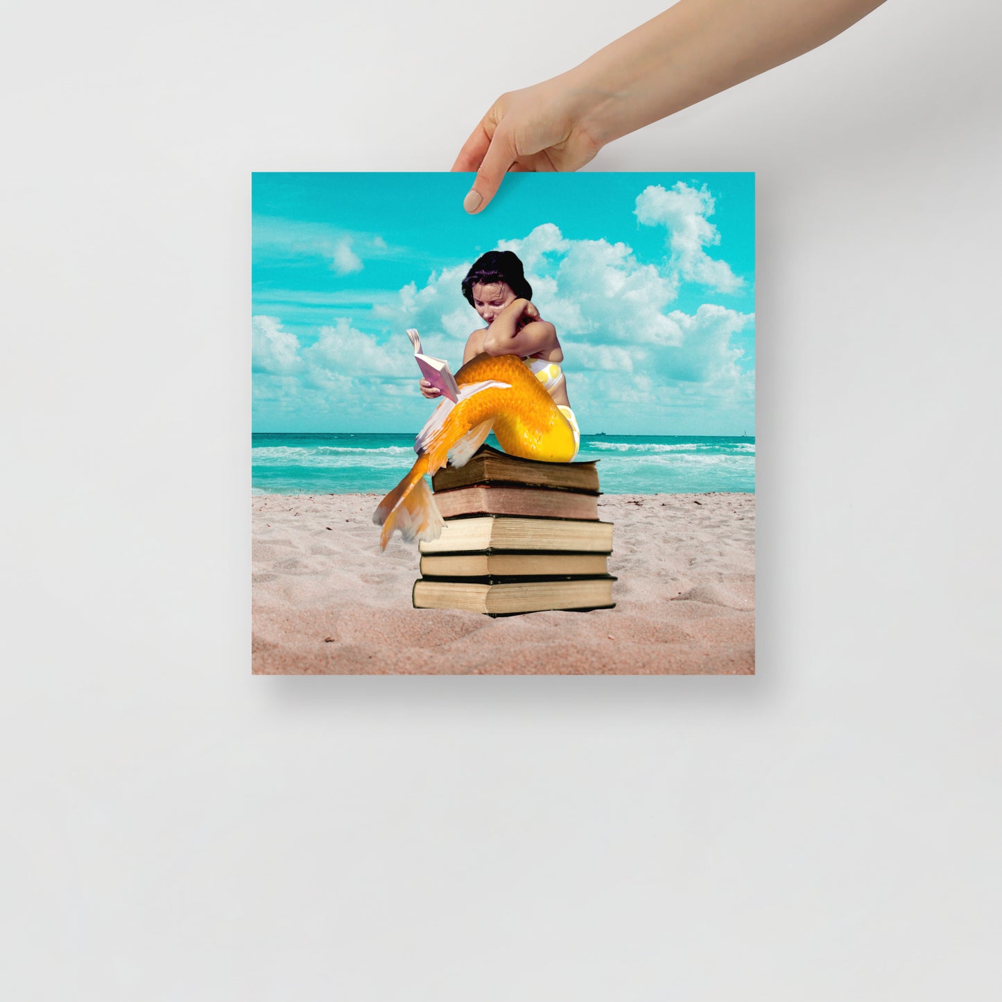 Mermaid on Beach with Books | Fantasy and Book Lover Gift Surreal | Collage Art Print: Oceans Of Knowledge