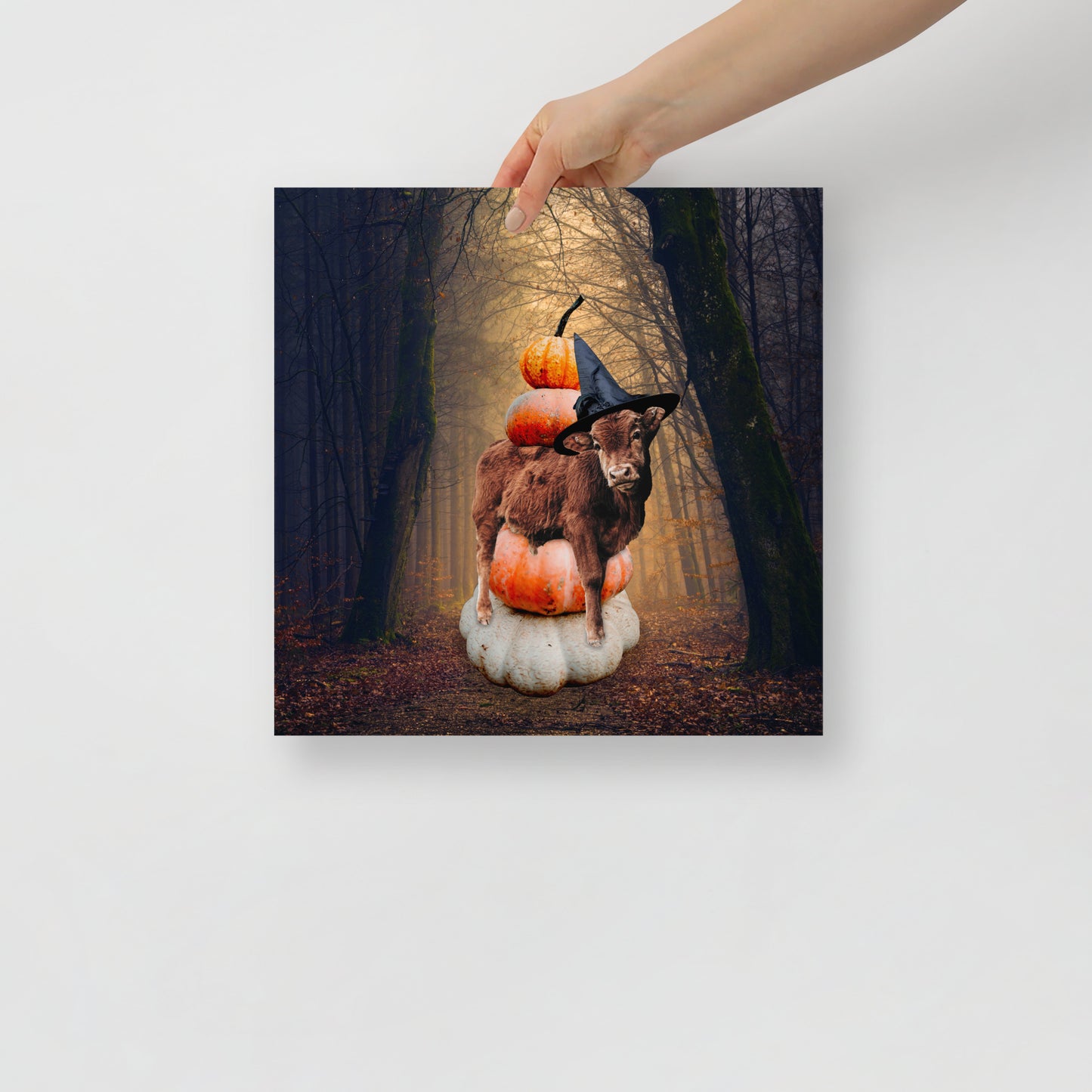 Magical Spooky Cow Print: Halloween Art with Pumpkins and Witches Hat
