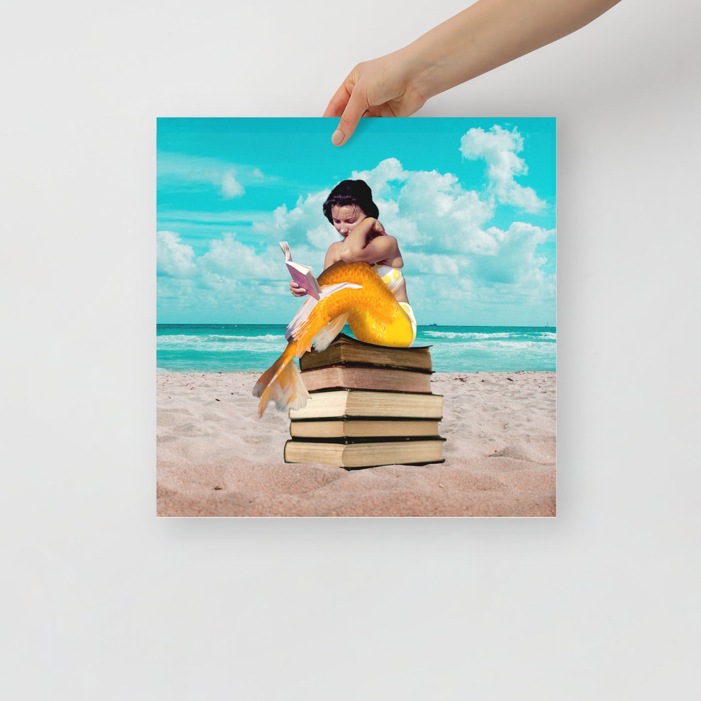 Mermaid on Beach with Books | Fantasy and Book Lover Gift Surreal | Collage Art Print: Oceans Of Knowledge