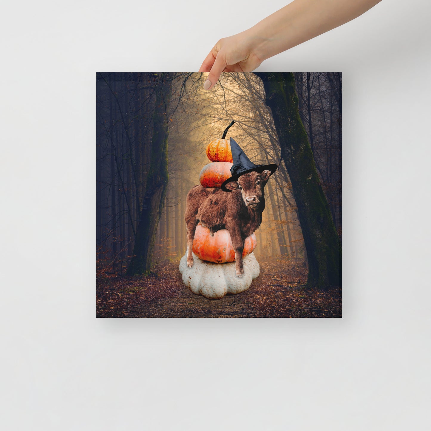 Magical Spooky Cow Print: Halloween Art with Pumpkins and Witches Hat