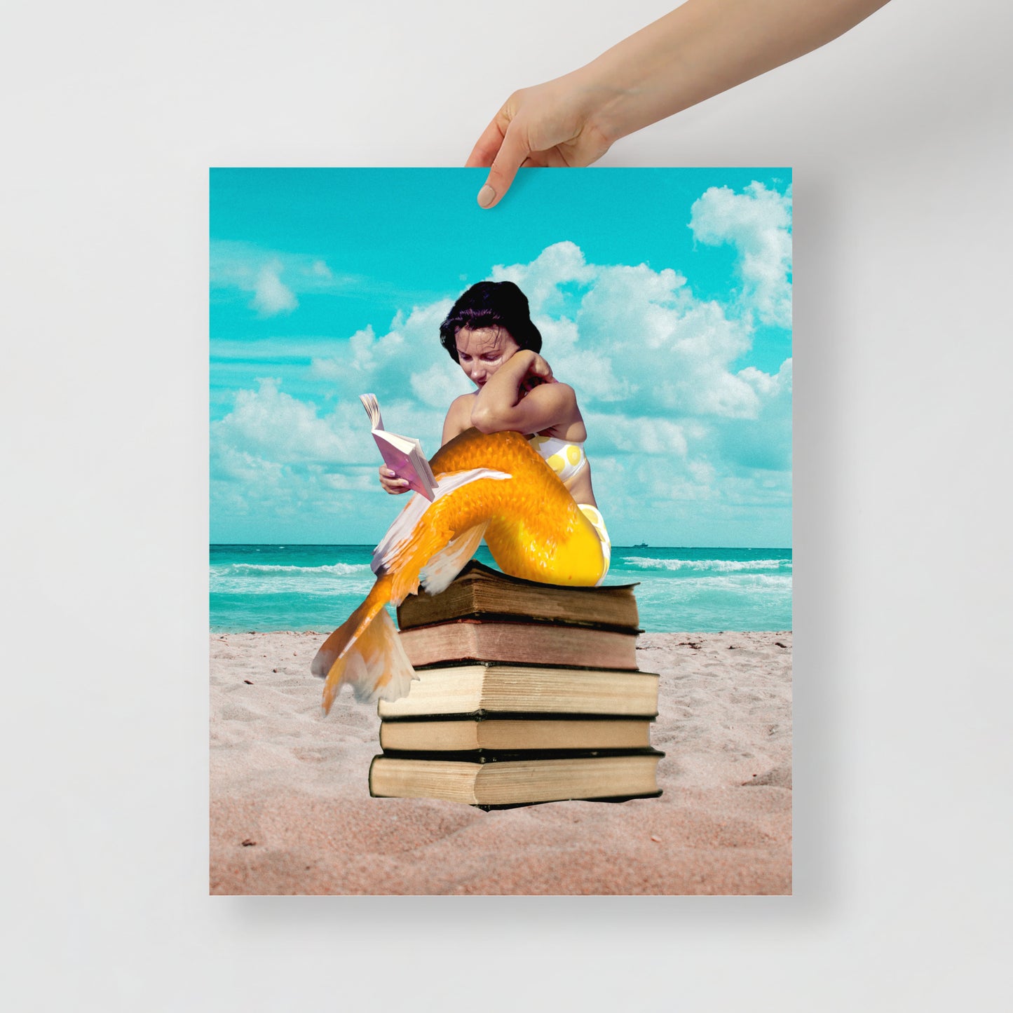 Mermaid on Beach with Books | Fantasy and Book Lover Gift Surreal | Collage Art Print: Oceans Of Knowledge
