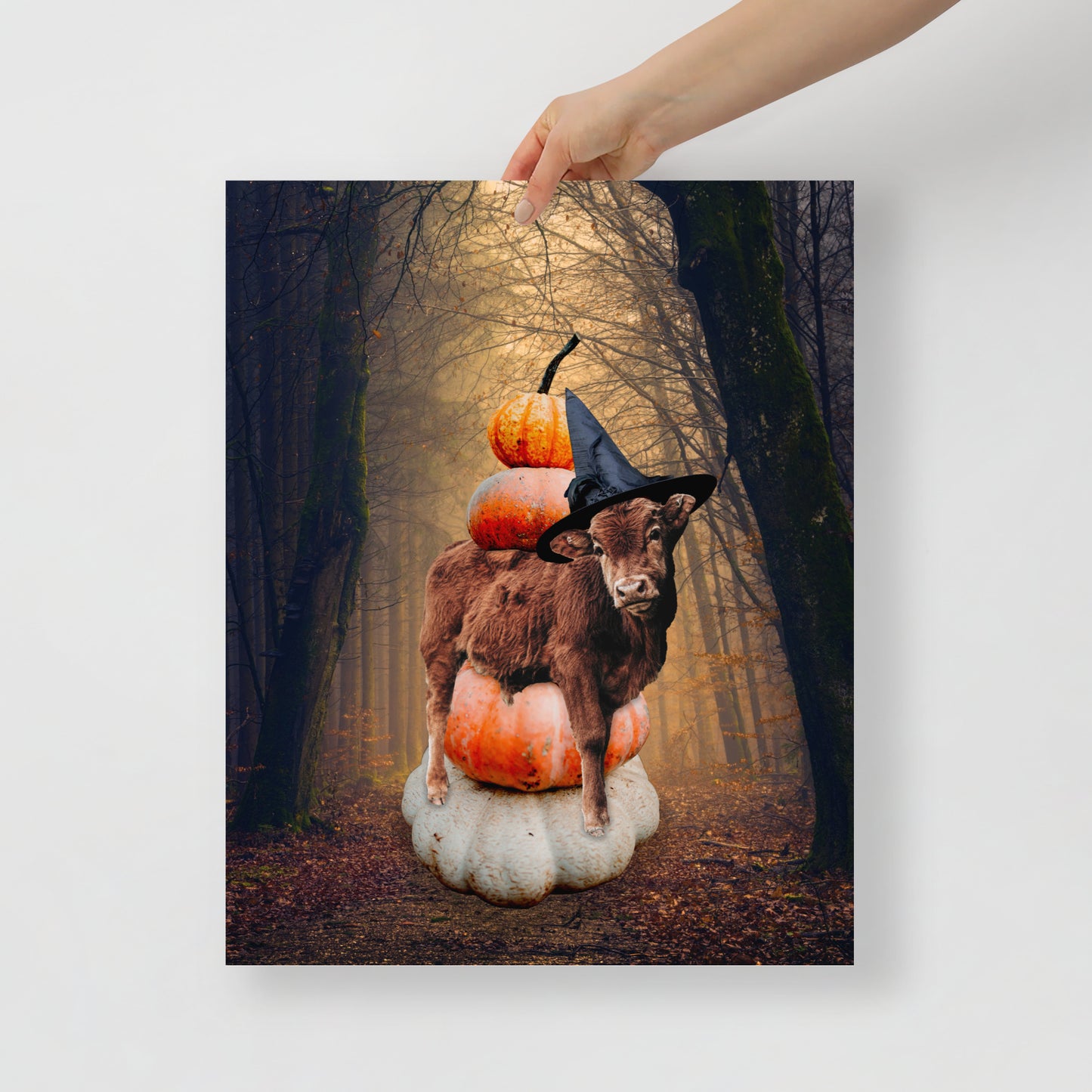 Magical Spooky Cow Print: Halloween Art with Pumpkins and Witches Hat