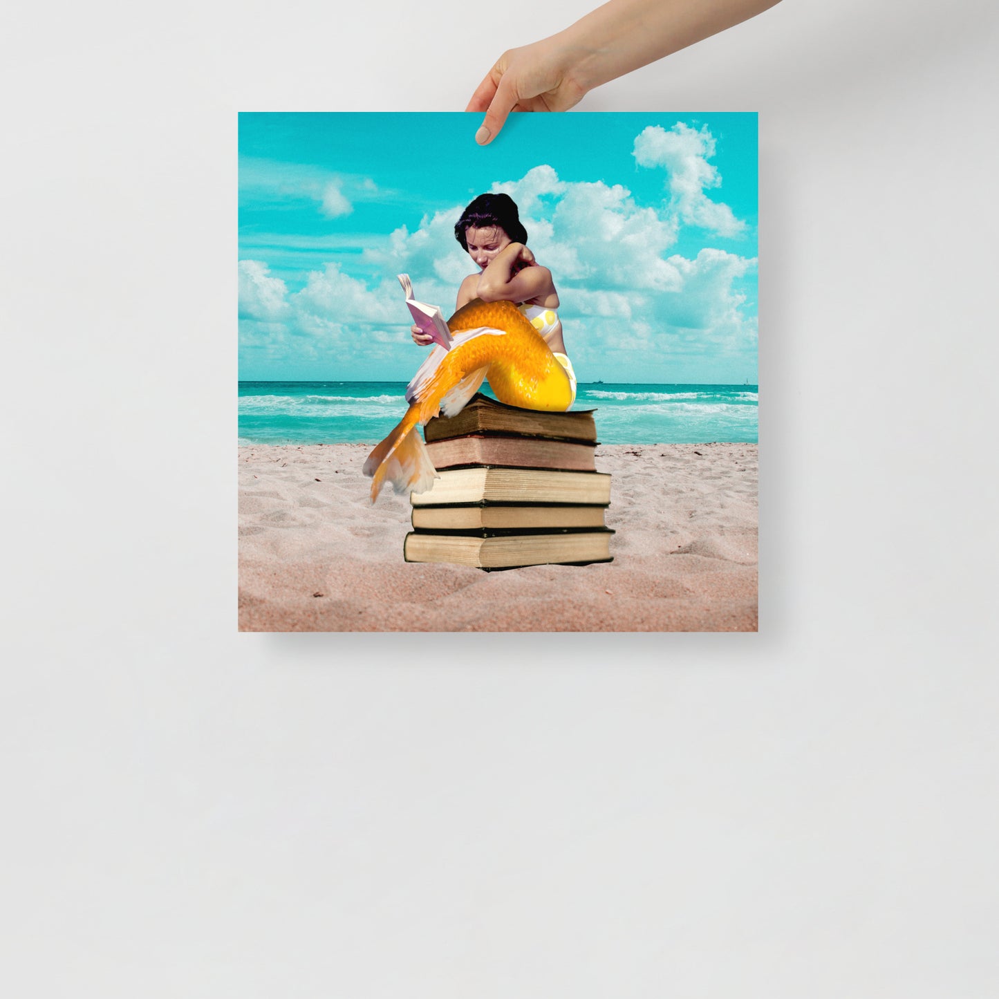 Mermaid on Beach with Books | Fantasy and Book Lover Gift Surreal | Collage Art Print: Oceans Of Knowledge