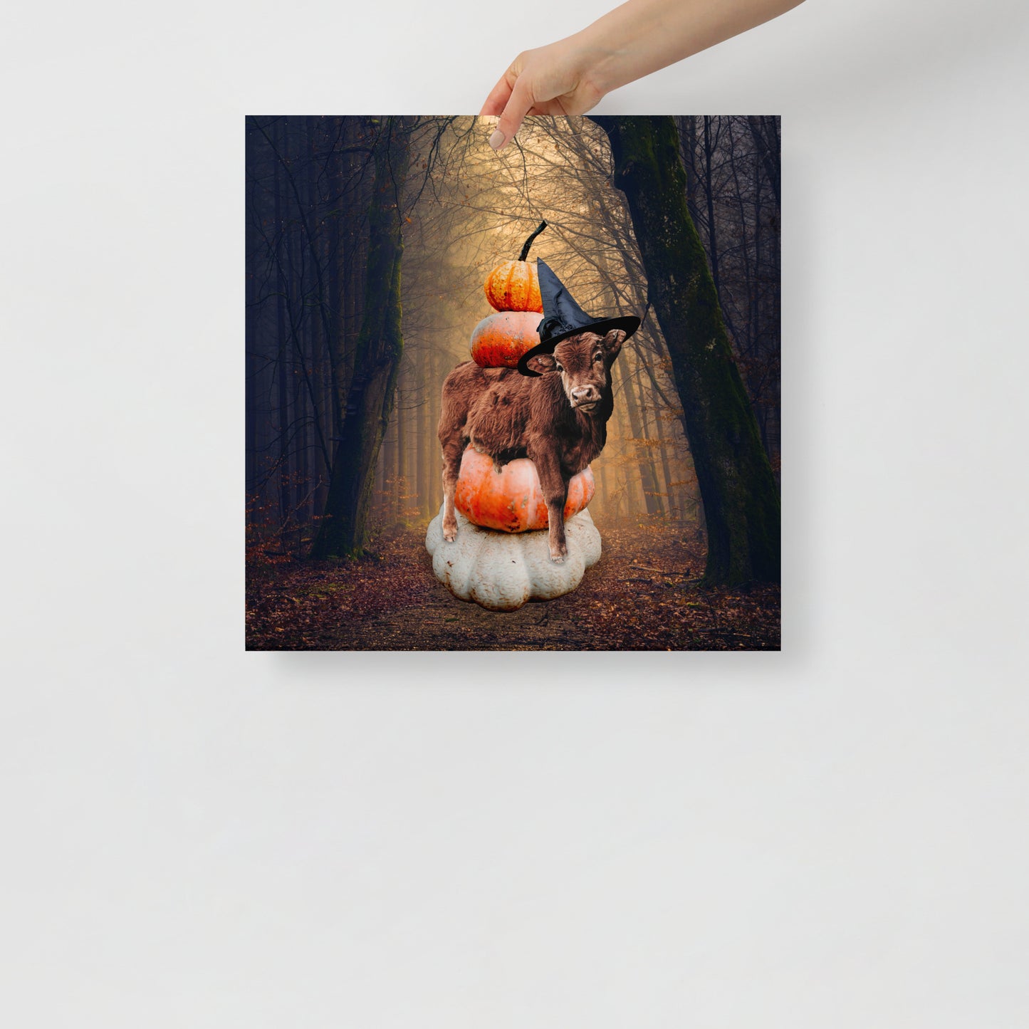 Magical Spooky Cow Print: Halloween Art with Pumpkins and Witches Hat