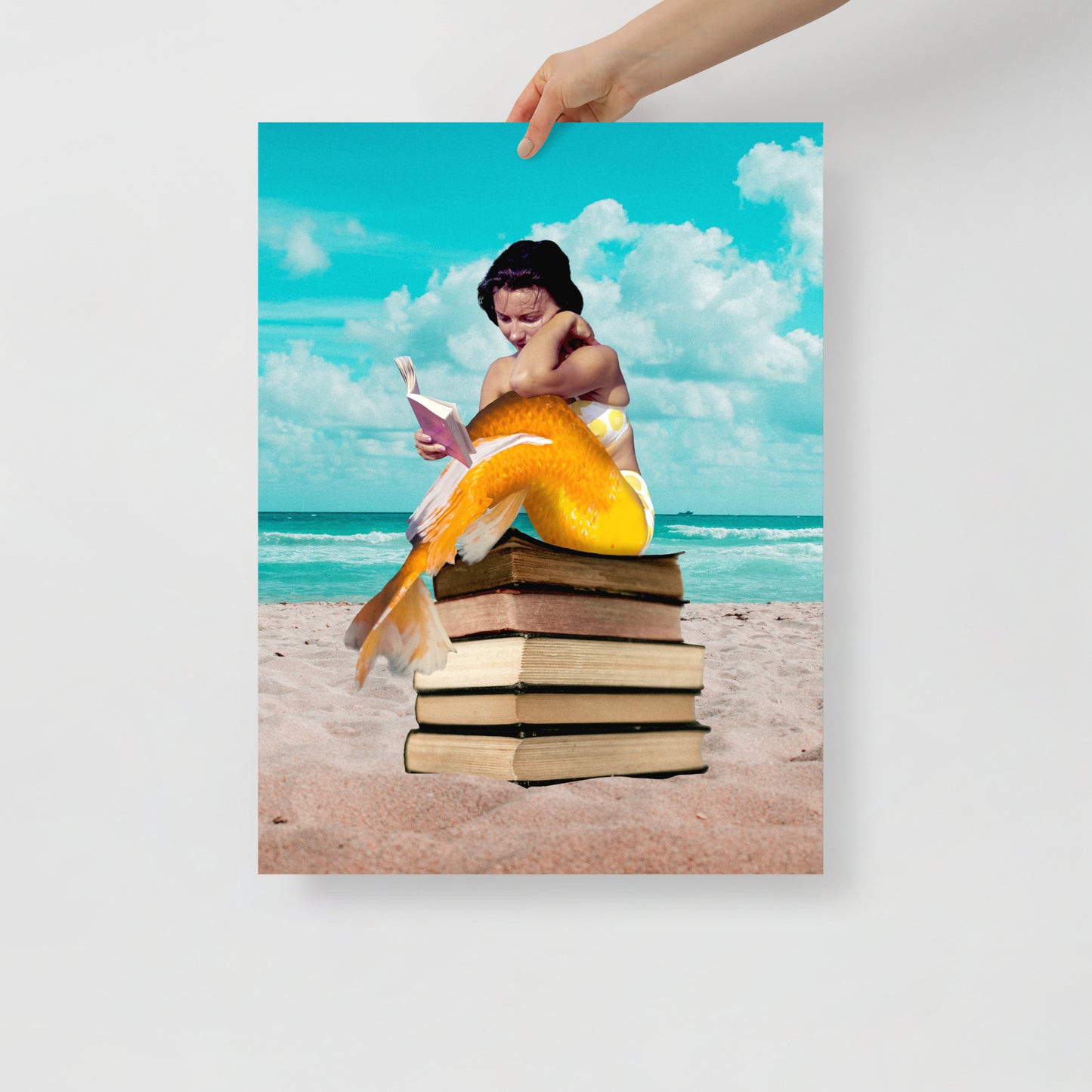 Mermaid on Beach with Books | Fantasy and Book Lover Gift Surreal | Collage Art Print: Oceans Of Knowledge