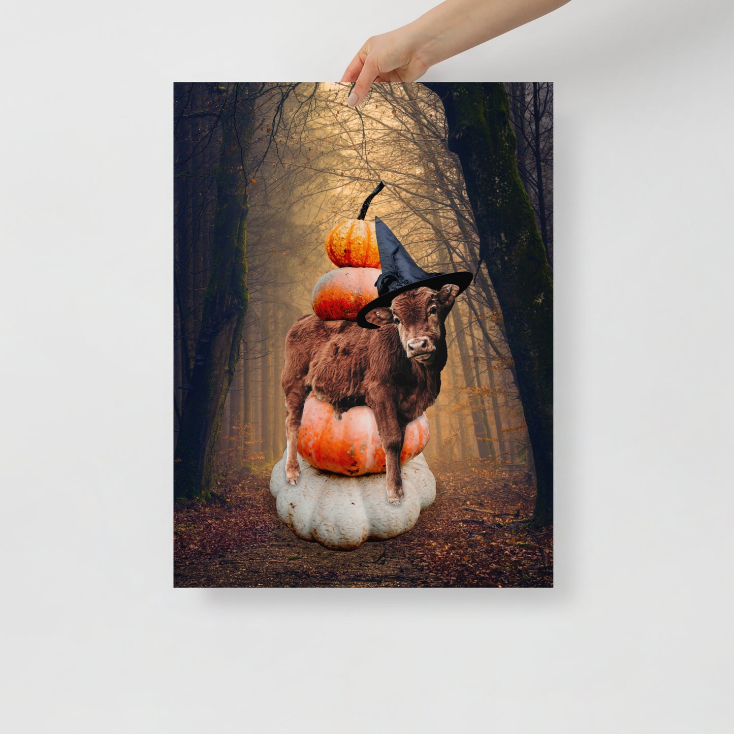 Magical Spooky Cow Print: Halloween Art with Pumpkins and Witches Hat
