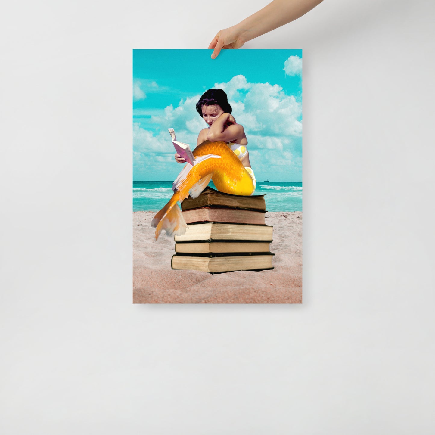Mermaid on Beach with Books | Fantasy and Book Lover Gift Surreal | Collage Art Print: Oceans Of Knowledge