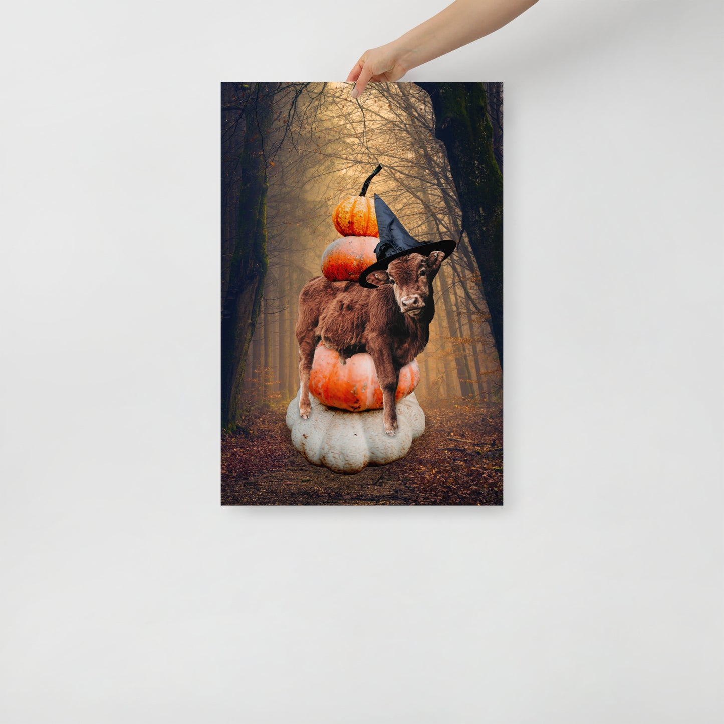 Magical Spooky Cow Print: Halloween Art with Pumpkins and Witches Hat