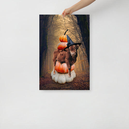 Magical Spooky Cow Print: Halloween Art with Pumpkins and Witches Hat