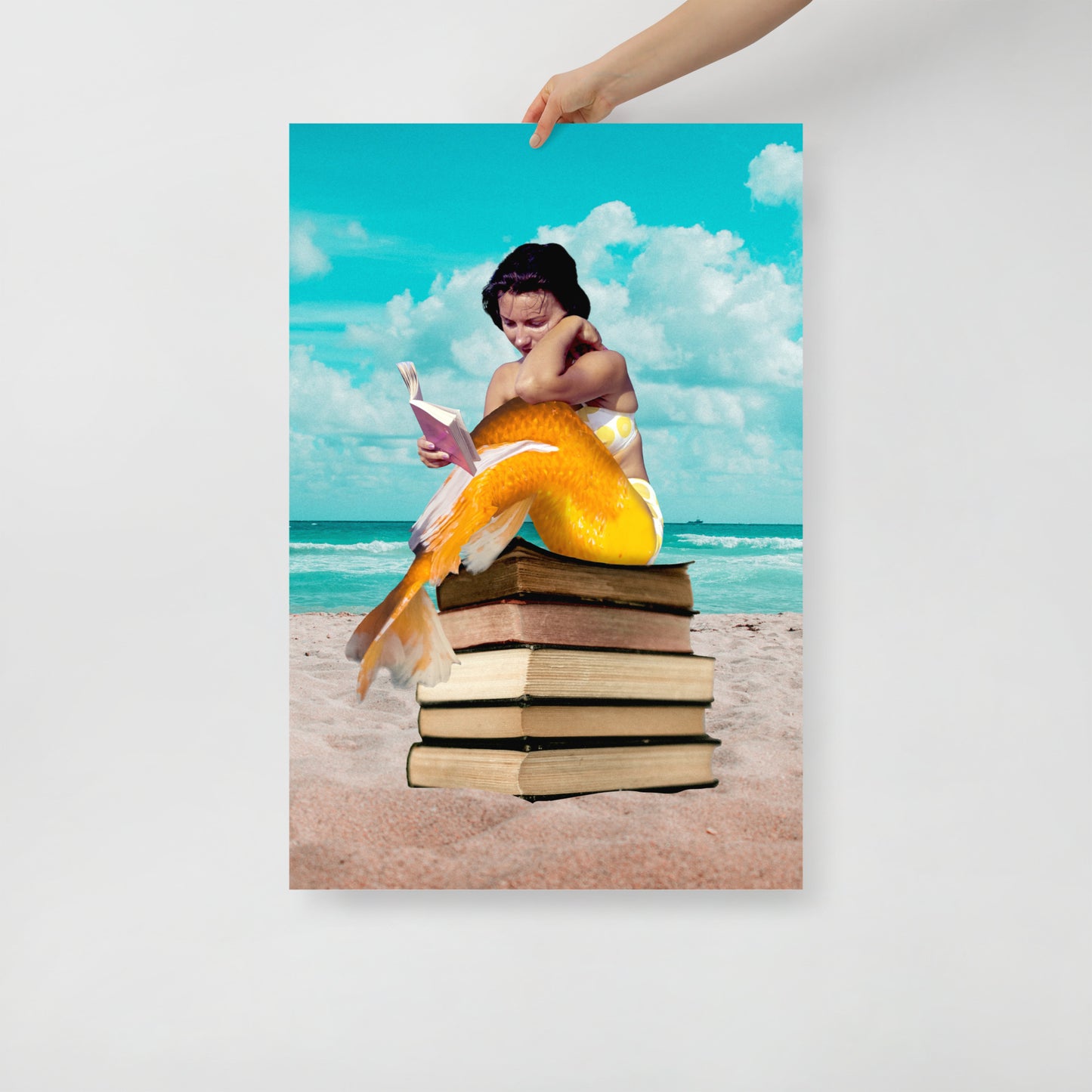 Mermaid on Beach with Books | Fantasy and Book Lover Gift Surreal | Collage Art Print: Oceans Of Knowledge