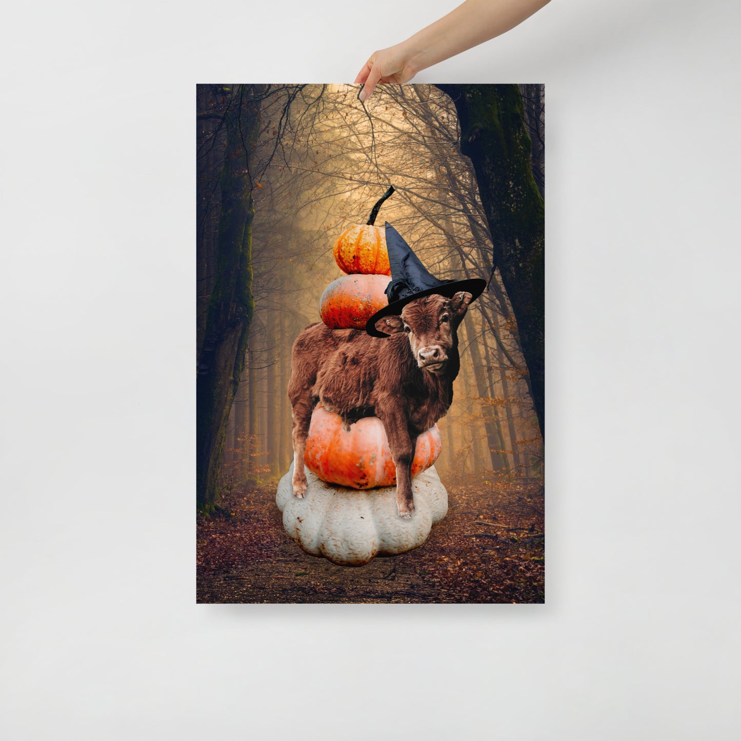 Magical Spooky Cow Print: Halloween Art with Pumpkins and Witches Hat