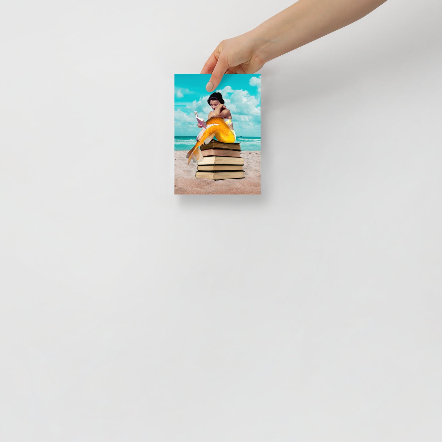 Mermaid on Beach with Books | Fantasy and Book Lover Gift Surreal | Collage Art Print: Oceans Of Knowledge
