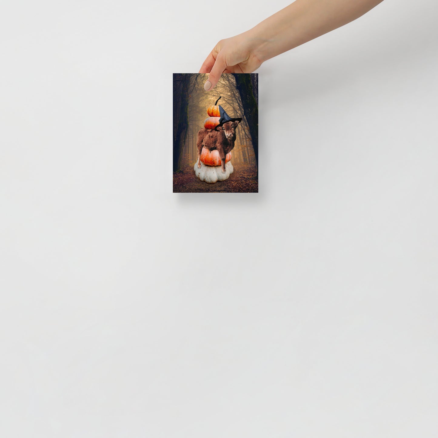 Magical Spooky Cow Print: Halloween Art with Pumpkins and Witches Hat