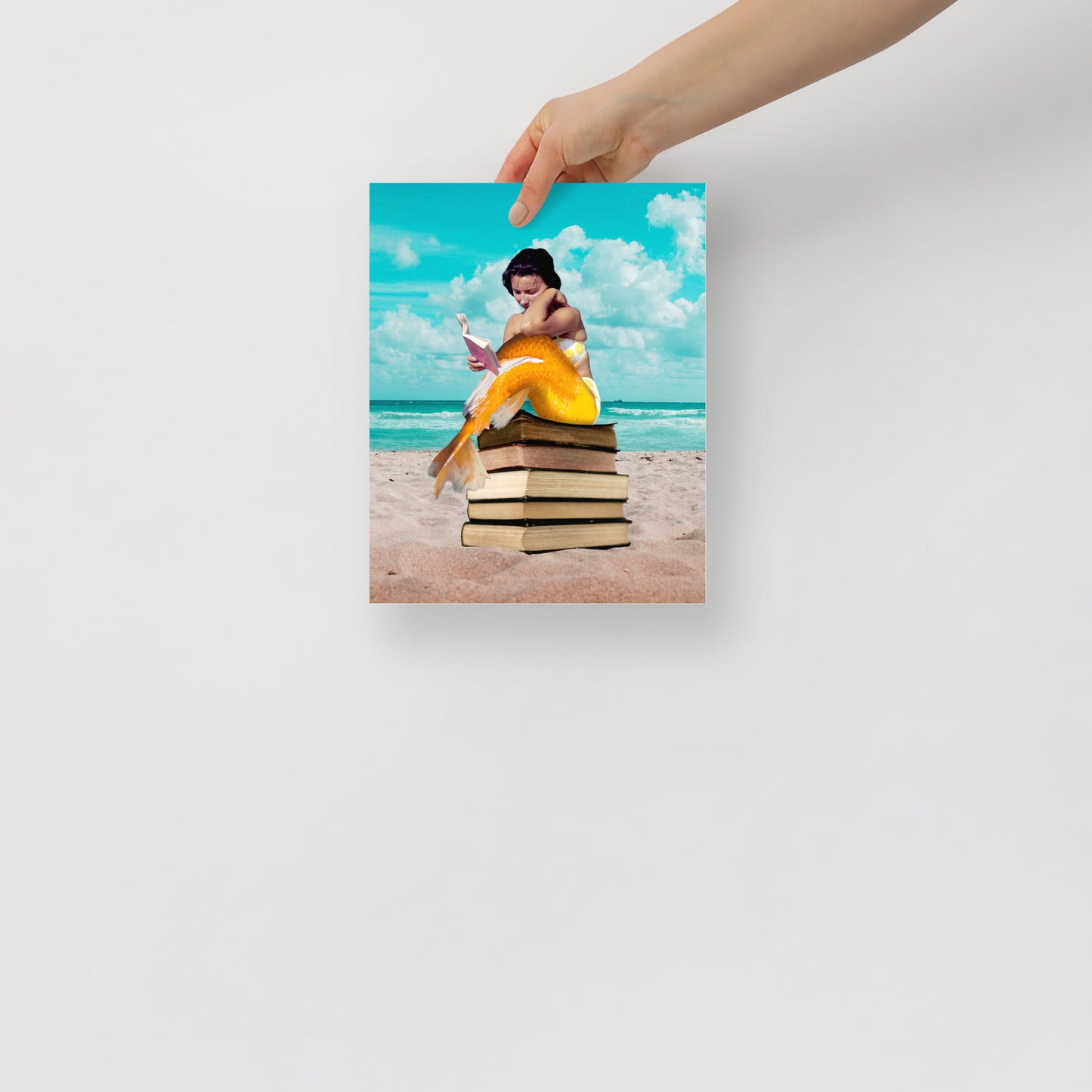 Mermaid on Beach with Books | Fantasy and Book Lover Gift Surreal | Collage Art Print: Oceans Of Knowledge