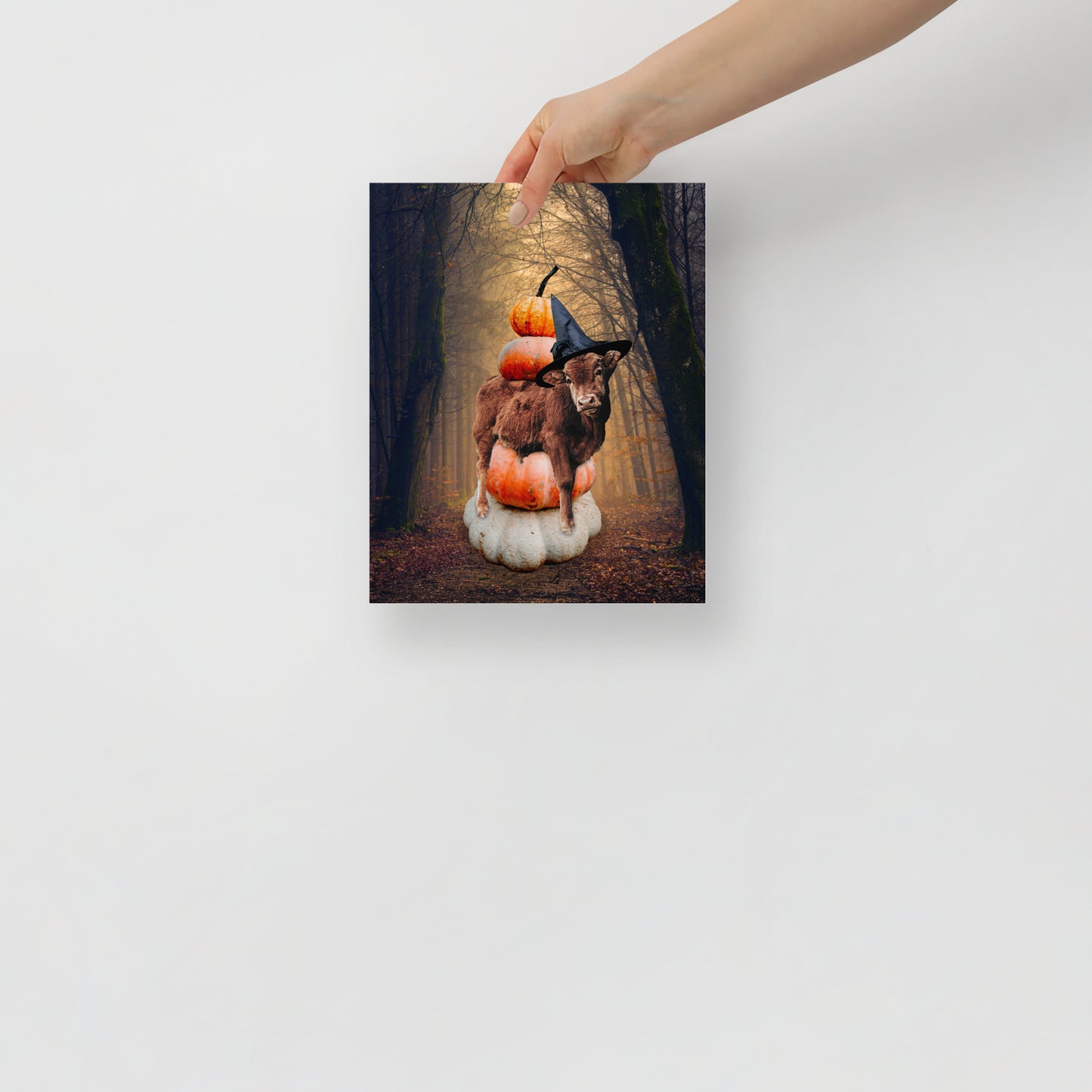 Magical Spooky Cow Print: Halloween Art with Pumpkins and Witches Hat